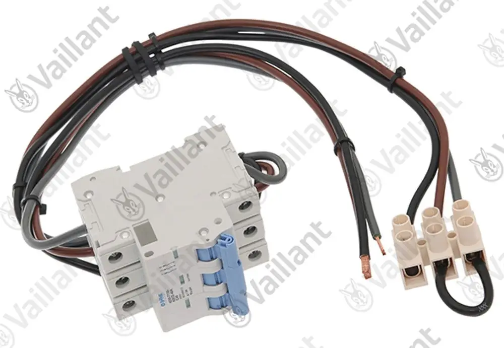 Vaillant Kabelbaum mit vier Leitungen, verbunden mit einer Sicherheitseinheit. Anschlussklemmen und Kabel in verschiedenen Farben, geeignet für elektrische Installationen.